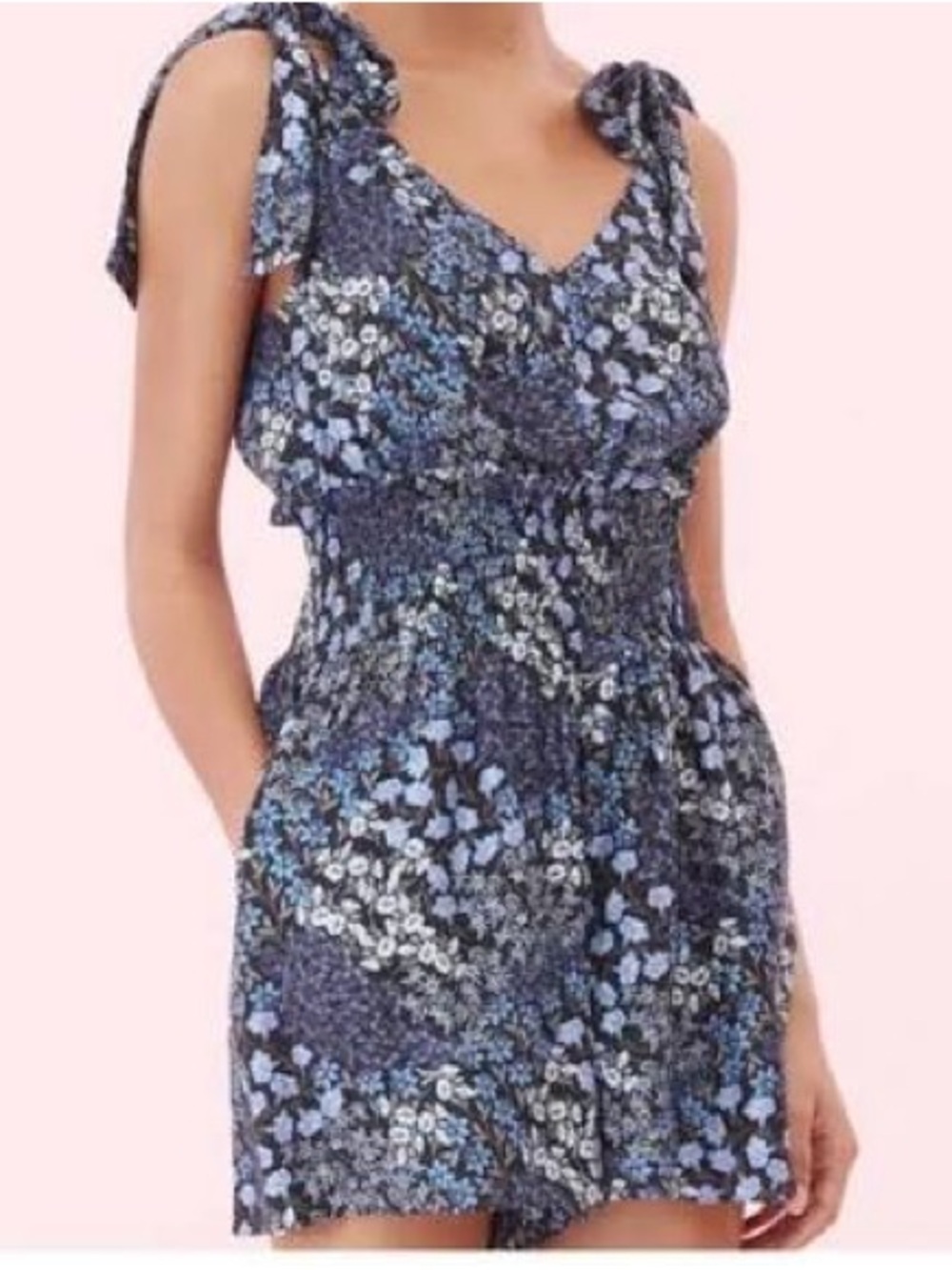 Rebecca Taylor Ava Blue Floral Smocked Silk Romper Size M